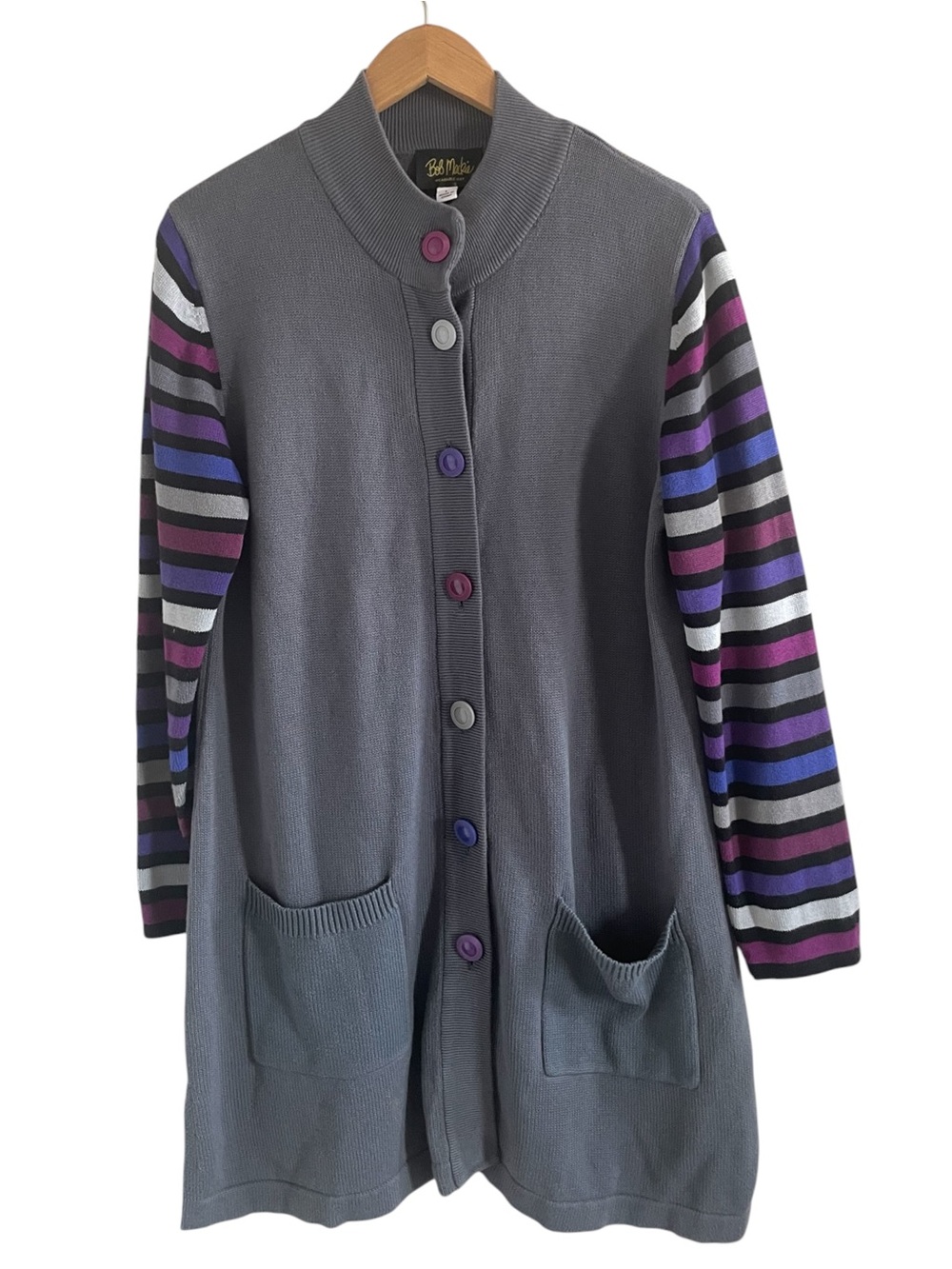 Bob Mackie Wearable Art Longline Cardigan Gray Purple Striped Sleeves Teacher